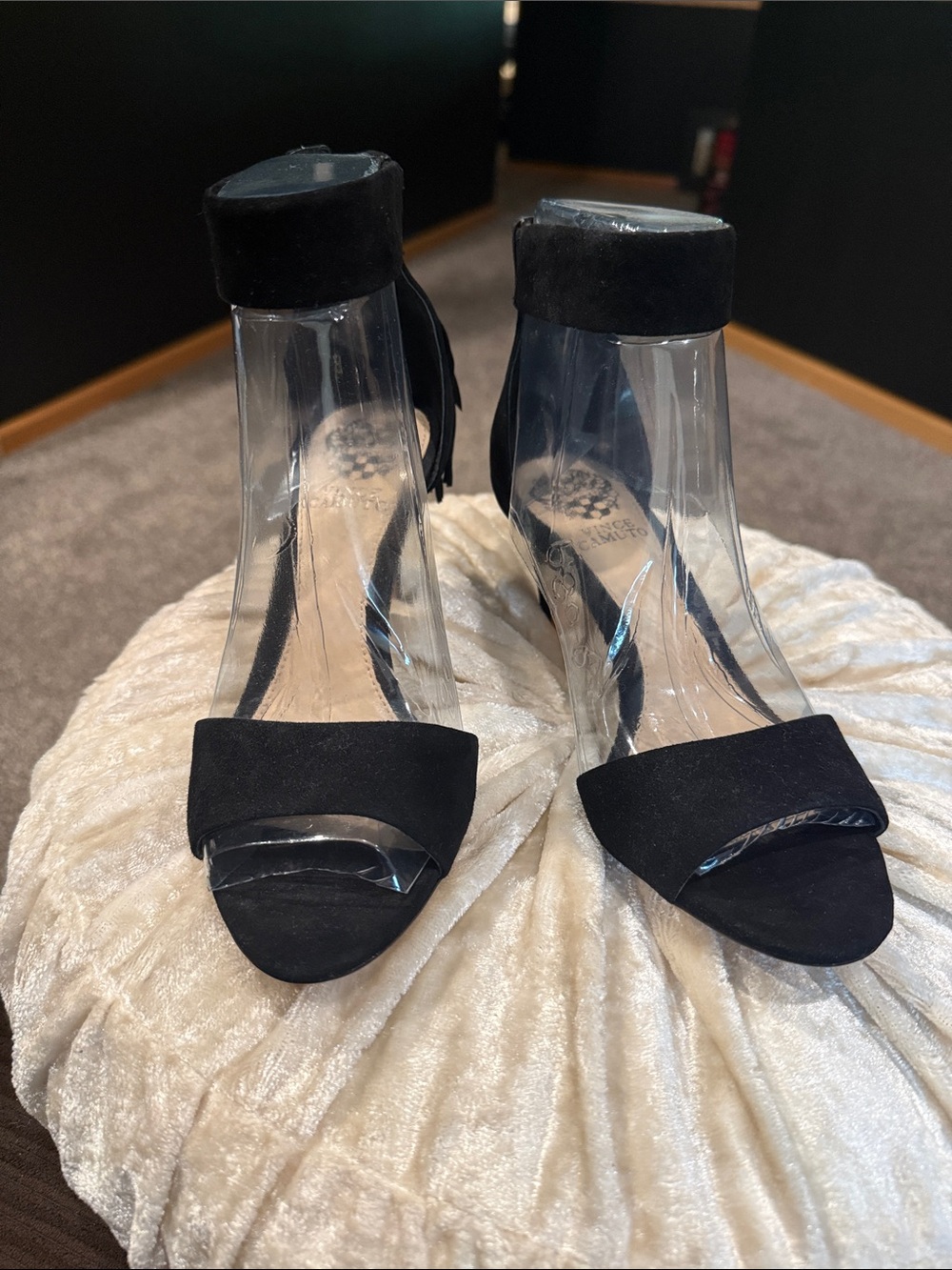 Vince Camuto Black Suede Open-Toe Tassel Heels - Picture 2 of 4
